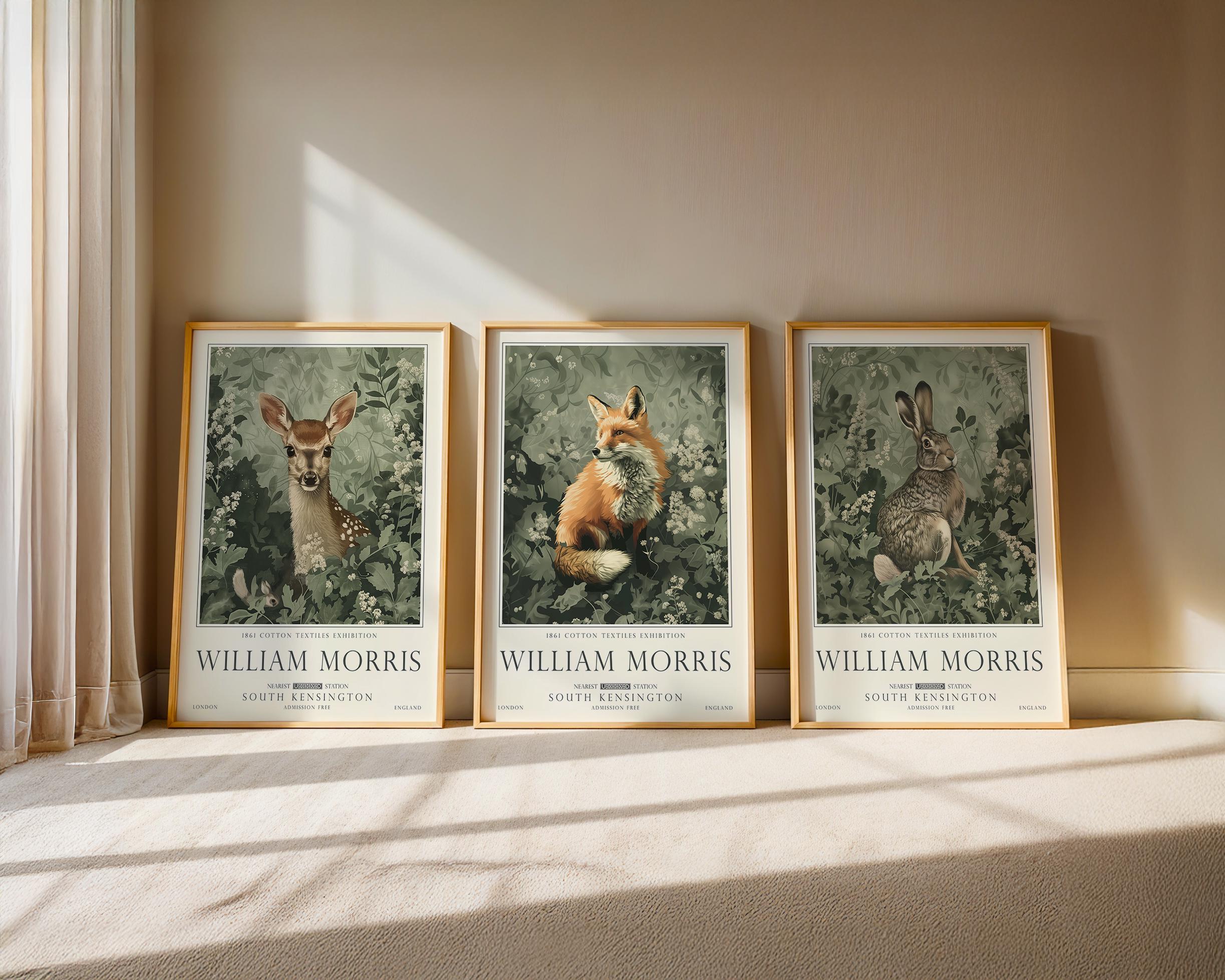 William Morris Woodland Print set, Deer, Fox and Hare Wall Art, UNFRAMED
