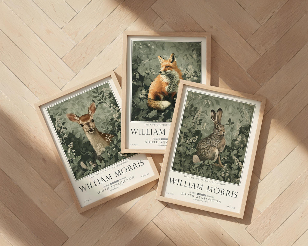 William Morris Woodland Print set, Deer, Fox and Hare Wall Art, UNFRAMED