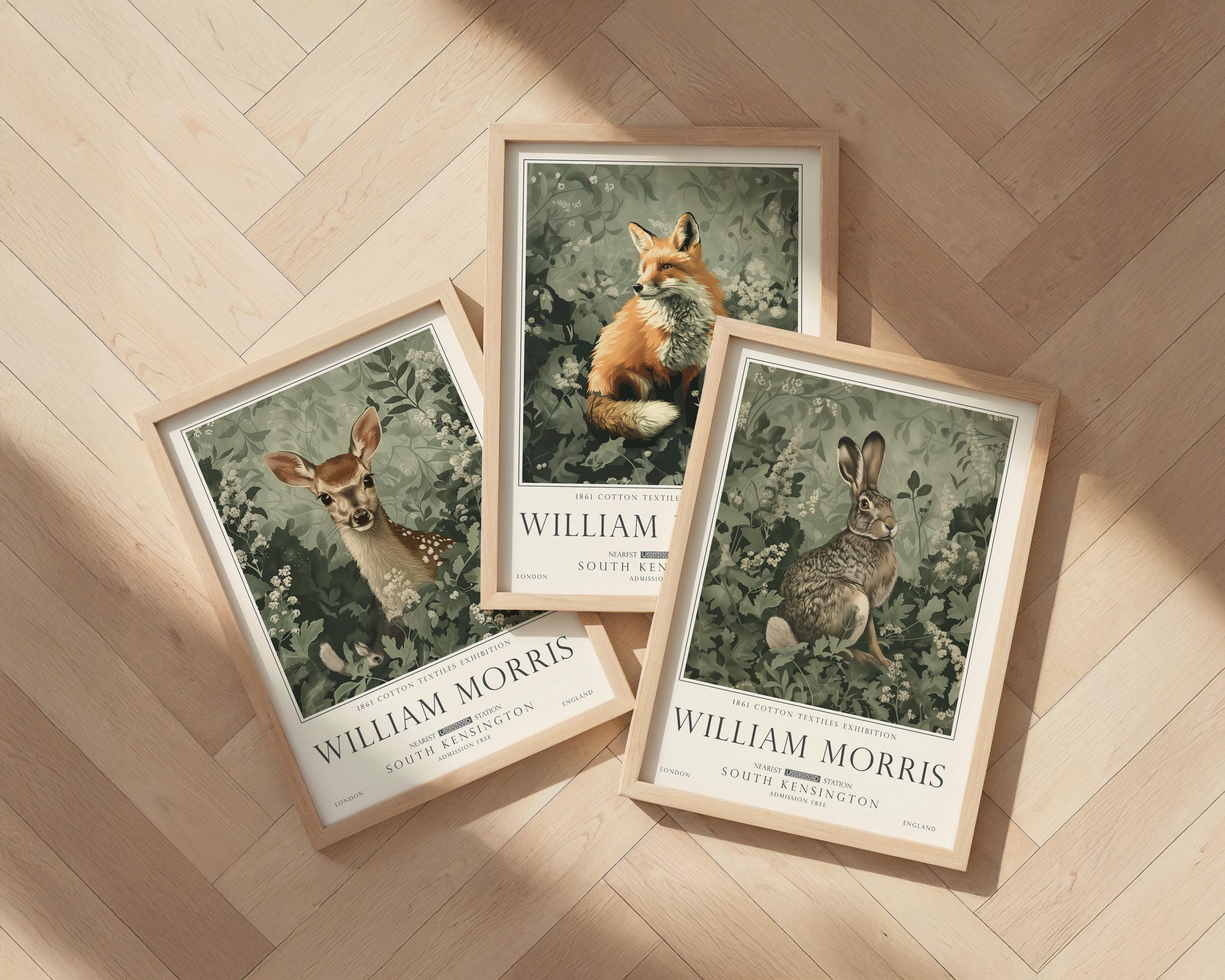 William Morris Woodland Print set, Deer, Fox and Hare Wall Art, UNFRAMED