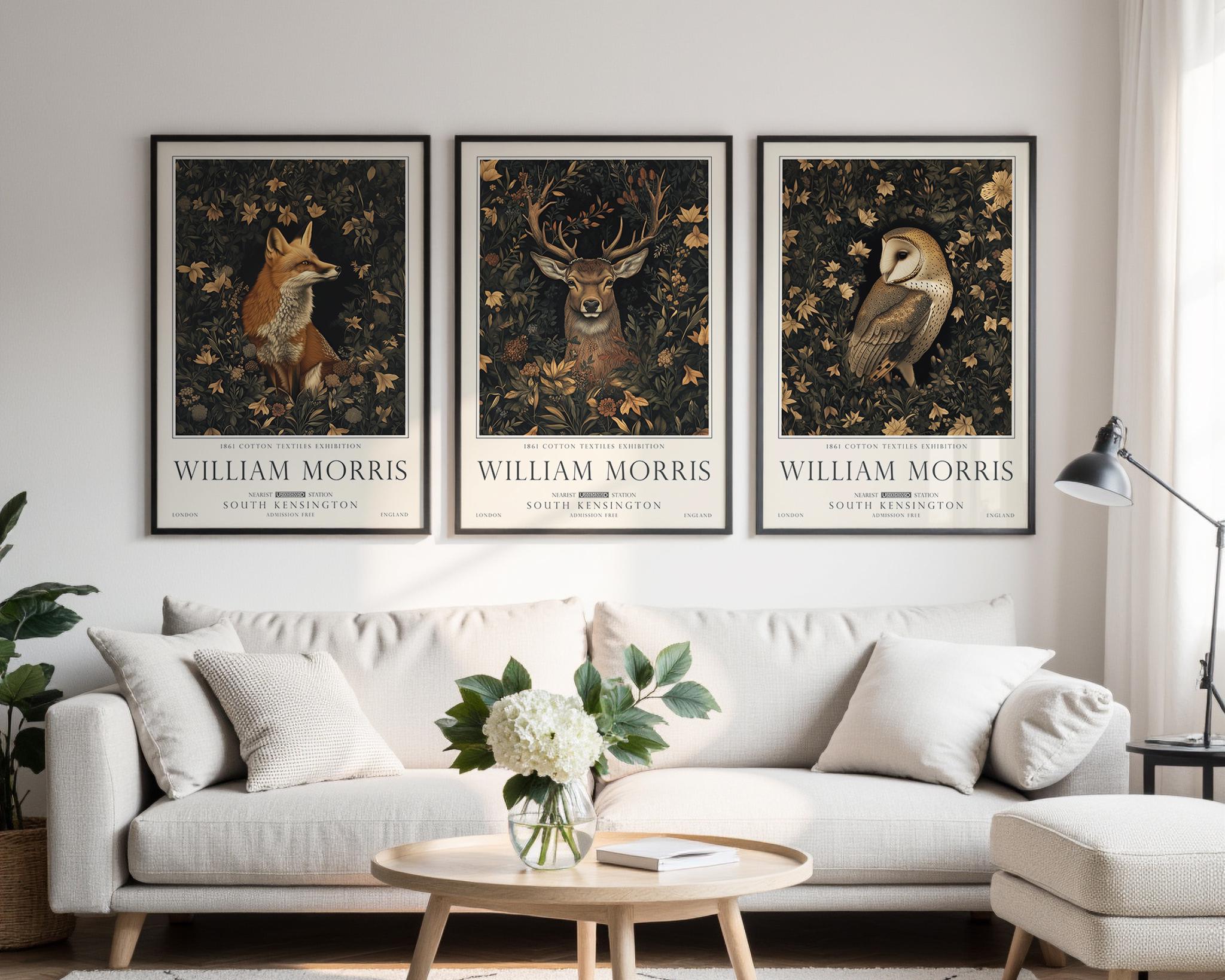 William Morris Woodland Print set, Deer, Fox and Owl Wall Art, UNFRAMED