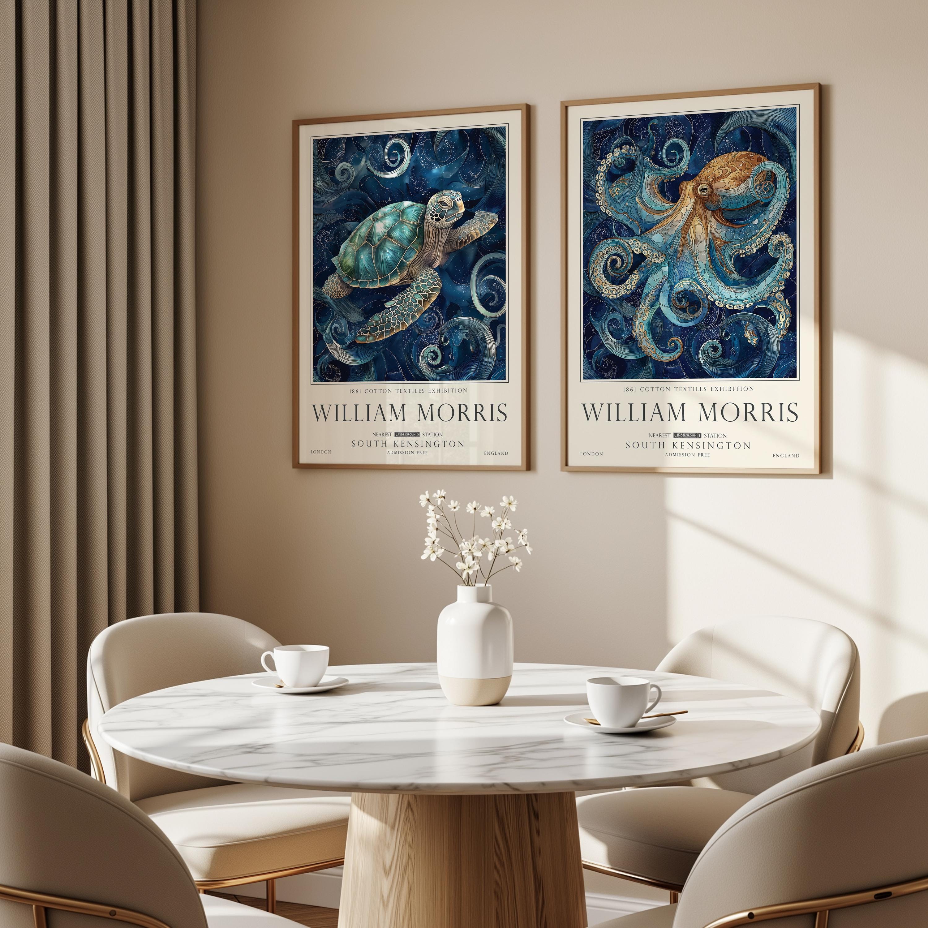 William Morris Set of 2, Sea Life Wall Art Set, Turtle and Octopus, UNFRAMED
