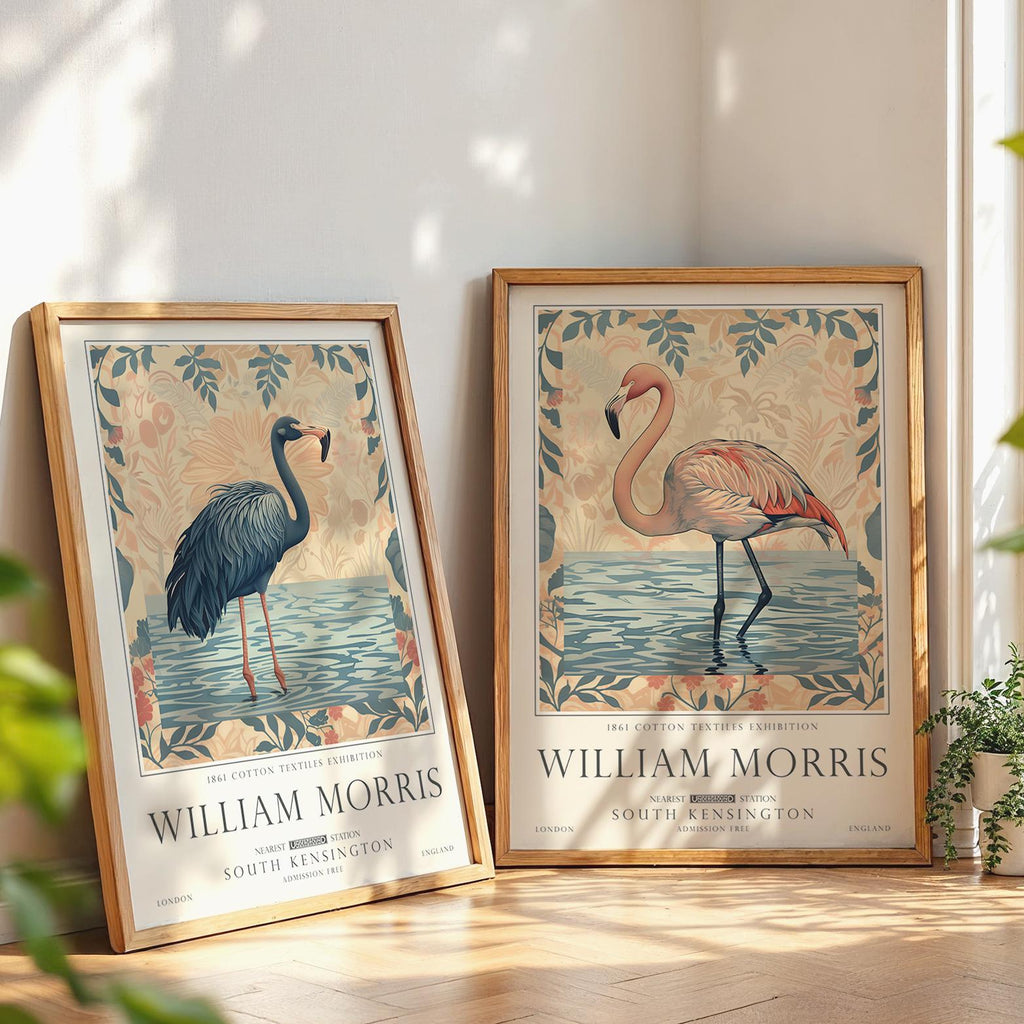 William Morris Set of 2, Flamingo Art Set, Pink Floral Wall Art, UNFRAMED