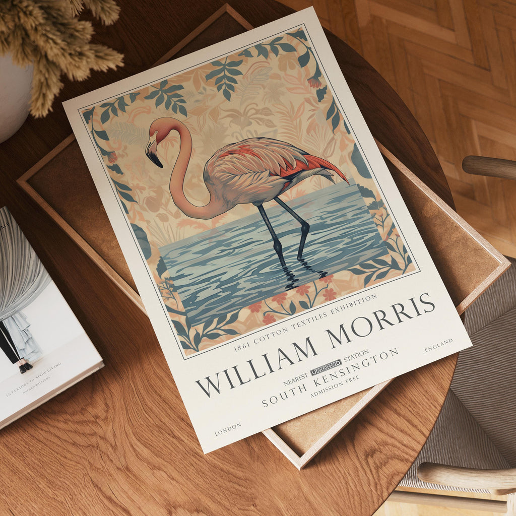 William Morris Set of 2, Flamingo Art Set, Pink Floral Wall Art, UNFRAMED
