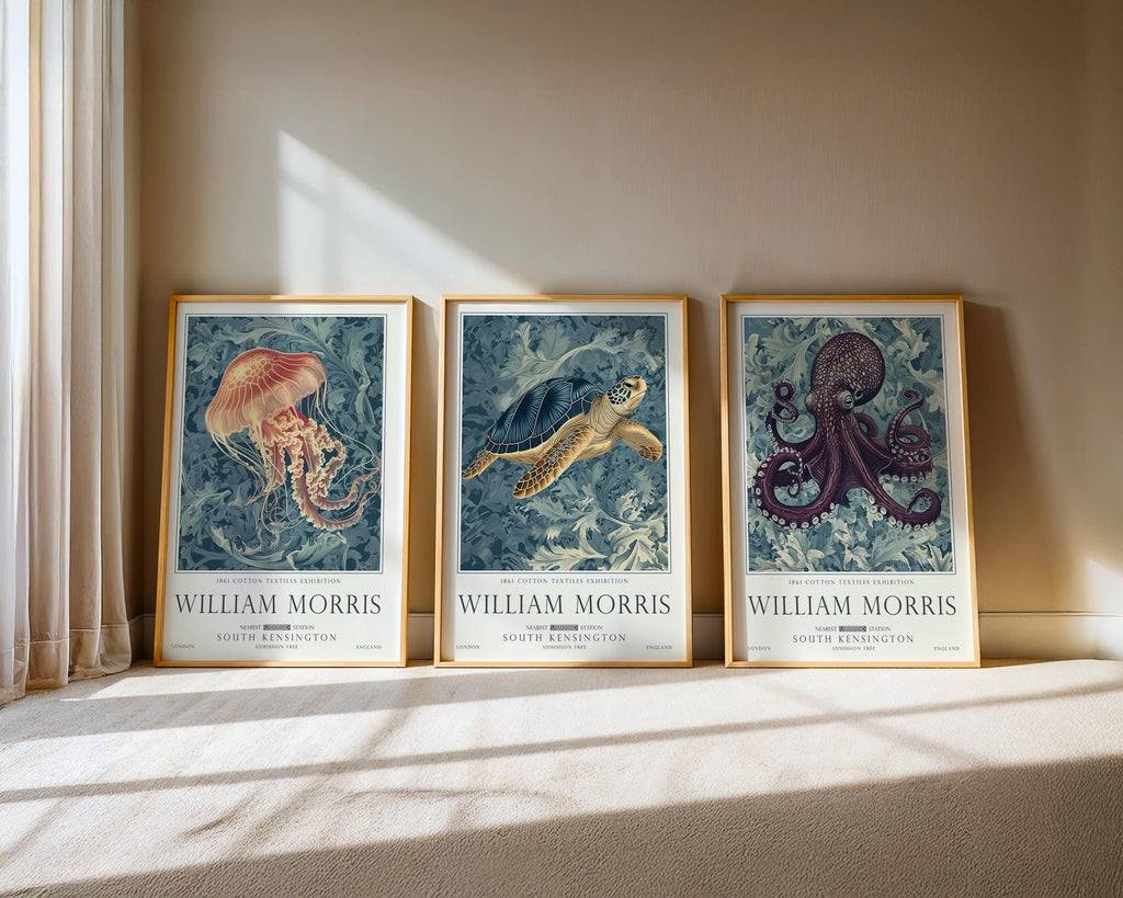 Set of 3 William Morris Sea Life Print, Turtle and Ocean Wall Art, UNFRAMED