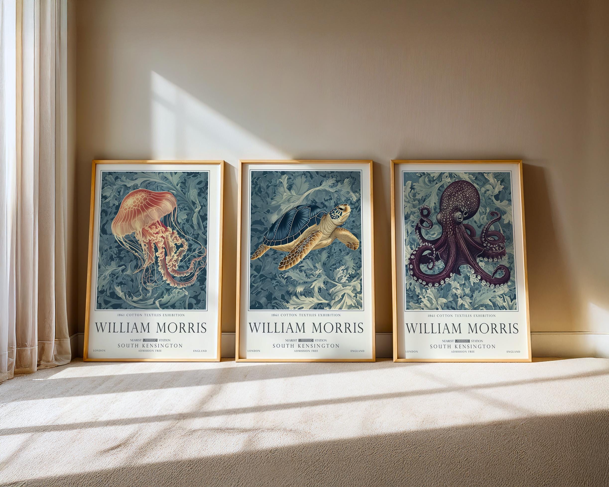 Set of 3 William Morris Sea Life Print, Turtle and Ocean Wall Art, UNFRAMED