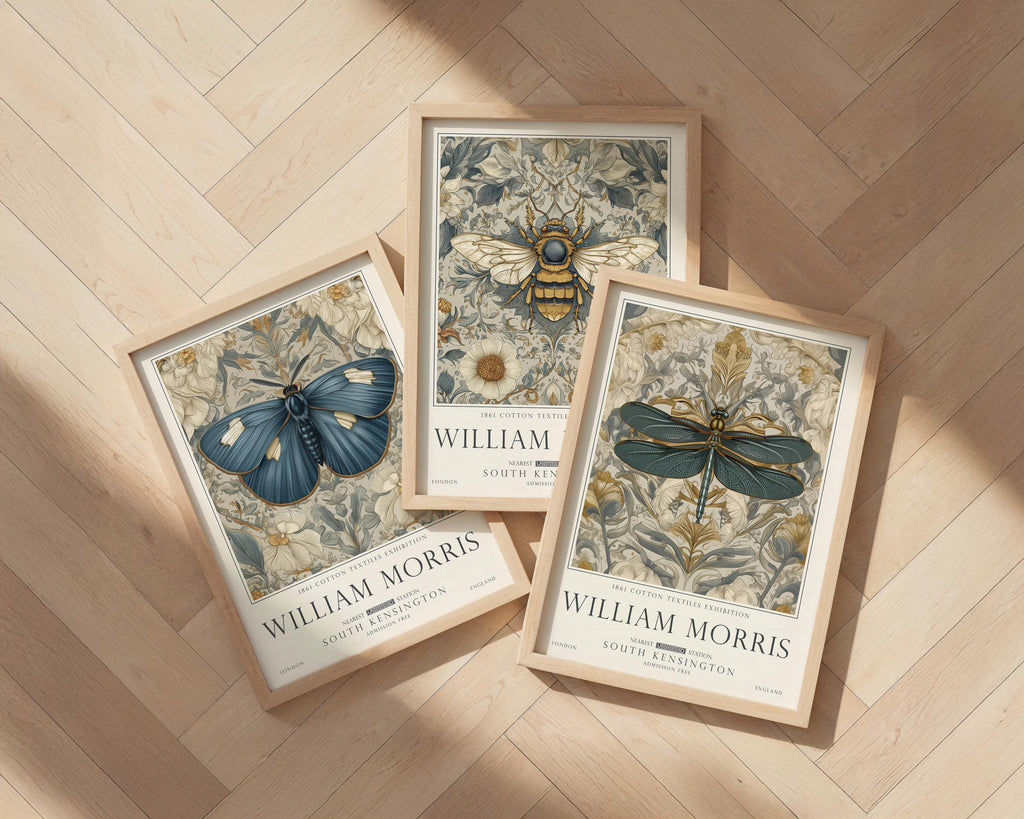 Set of 3 William Morris Bee, Butterfly and Dragonfly Wall Art, UNFRAMED