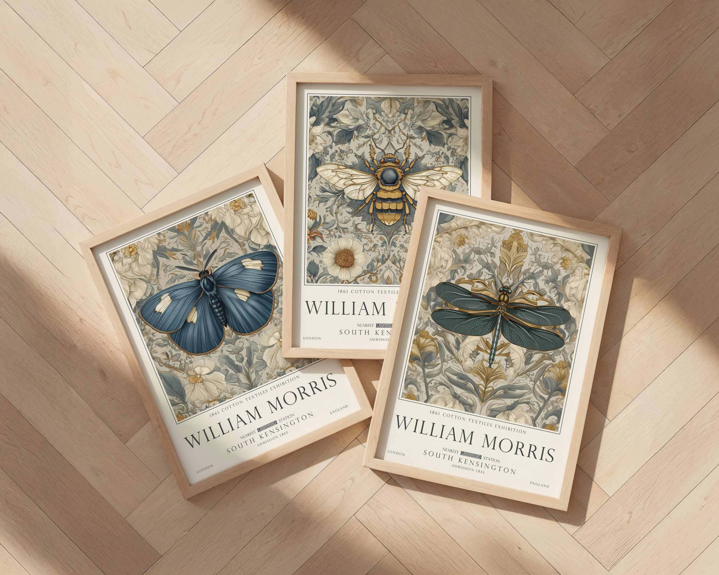 Set of 3 William Morris Bee, Butterfly and Dragonfly Wall Art, UNFRAMED