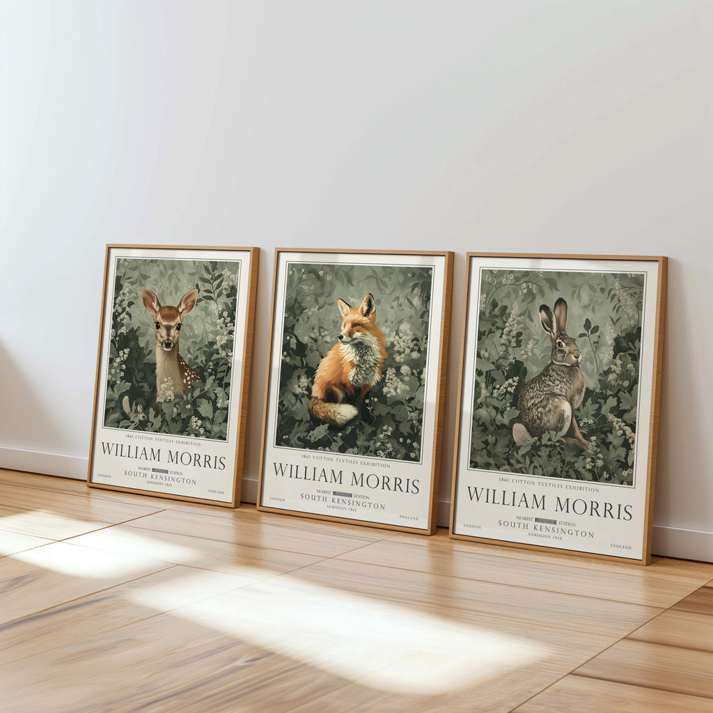 William Morris Woodland Print set, Deer, Fox and Hare Wall Art, UNFRAMED