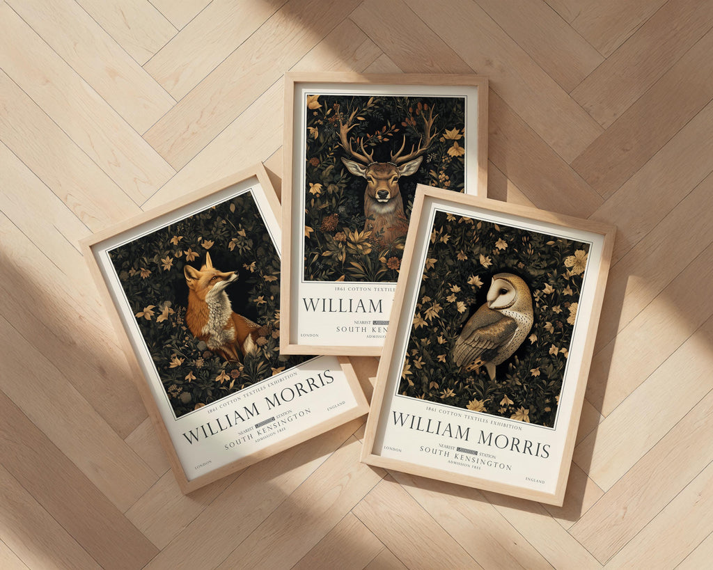 William Morris Woodland Print set, Deer, Fox and Owl Wall Art, UNFRAMED