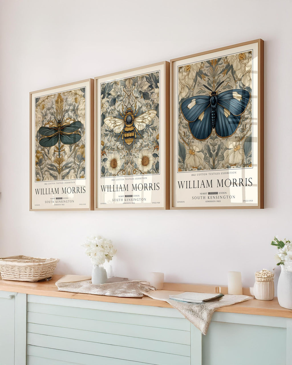 Set of 3 William Morris Bee, Butterfly and Dragonfly Wall Art, UNFRAMED