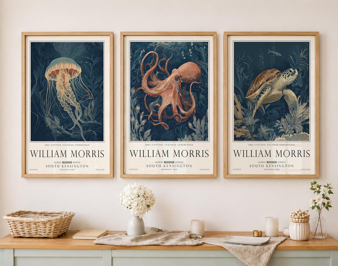 Set of 3 William Morris Prints, Ocean Animals and Sea Life Wall Art, UNFRAMED