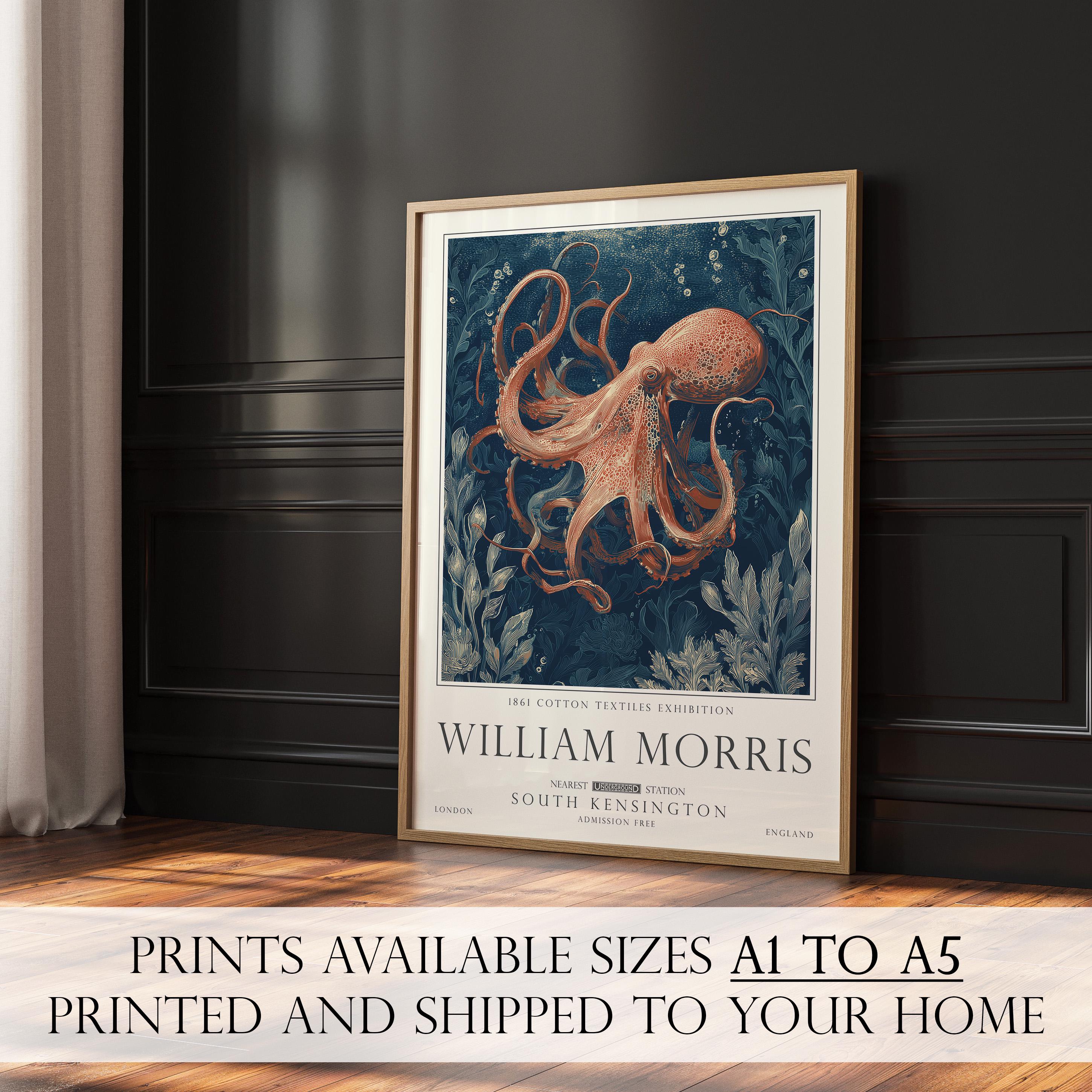 Nautical Octopus Print, William Morris Inspired Bathroom Wall Art, Vintage Ocean Decor, UNFRAMED