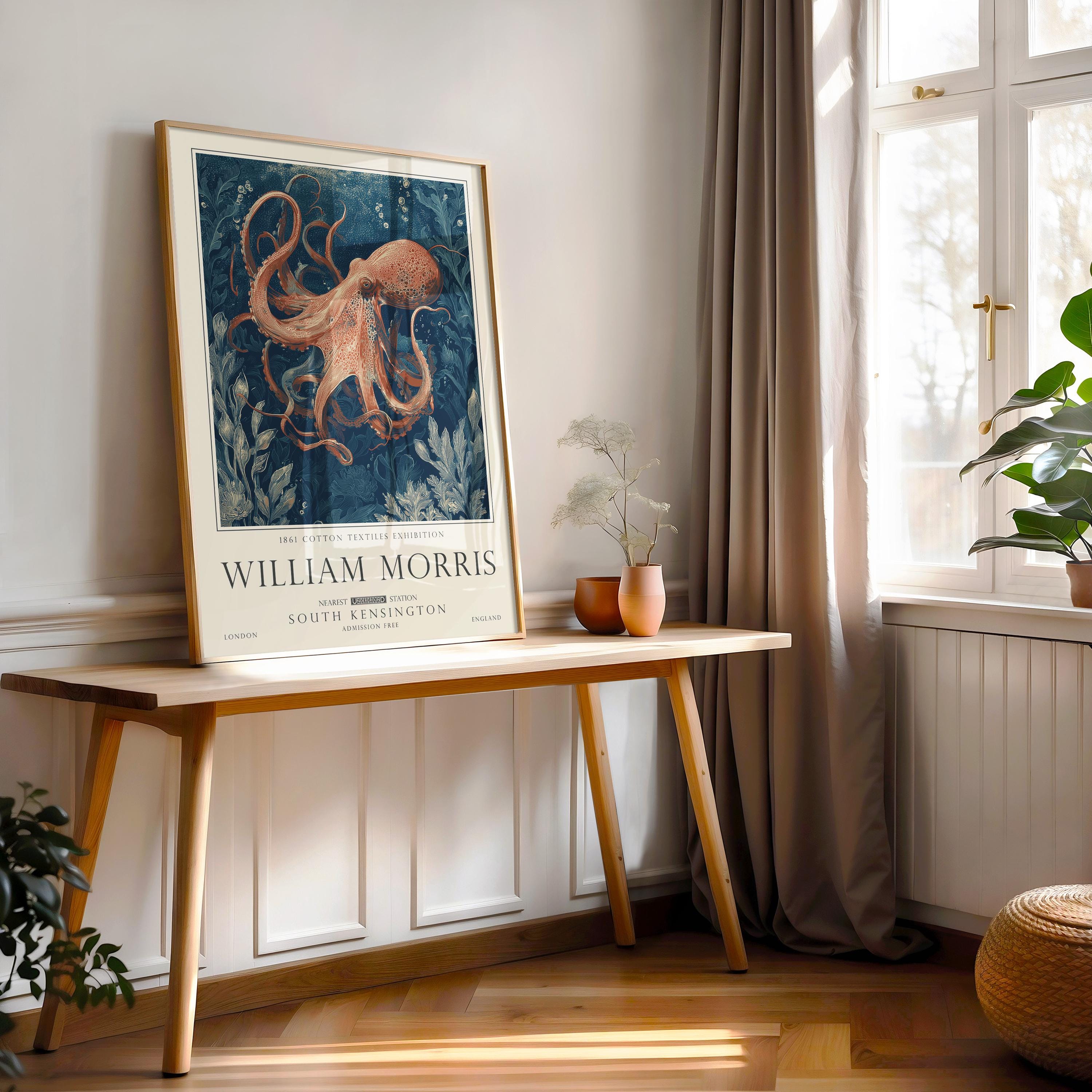 Nautical Octopus Print, William Morris Inspired Bathroom Wall Art, Vintage Ocean Decor, UNFRAMED