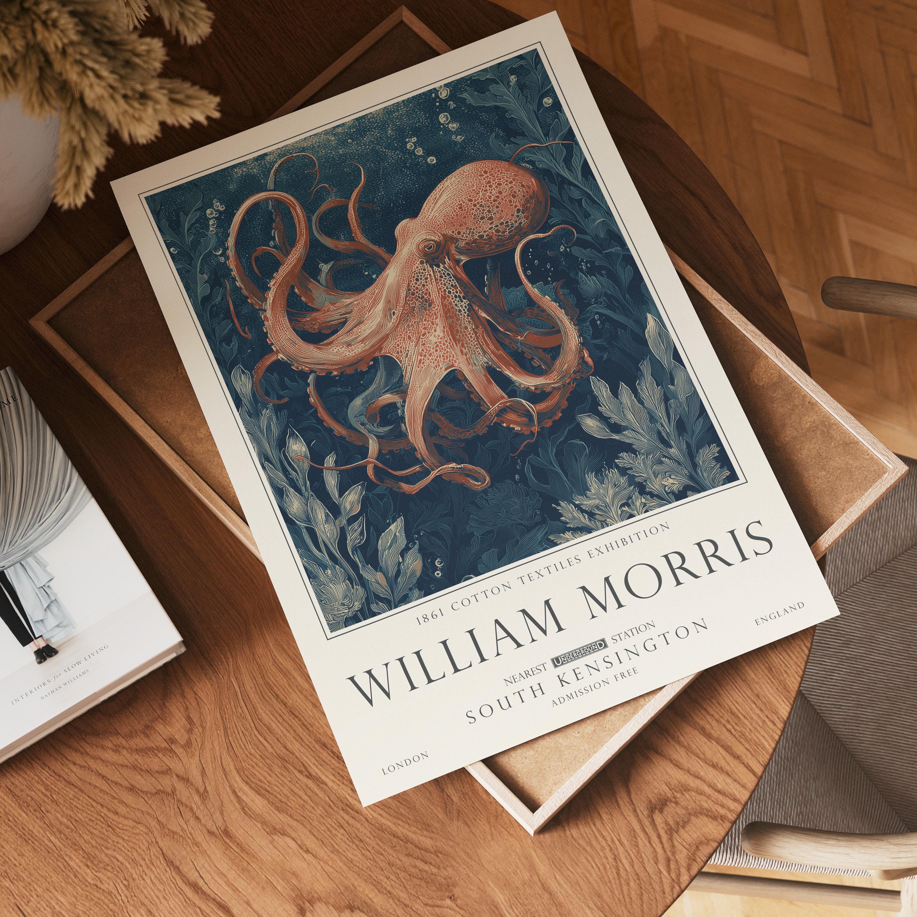 Nautical Octopus Print, William Morris Inspired Bathroom Wall Art, Vintage Ocean Decor, UNFRAMED