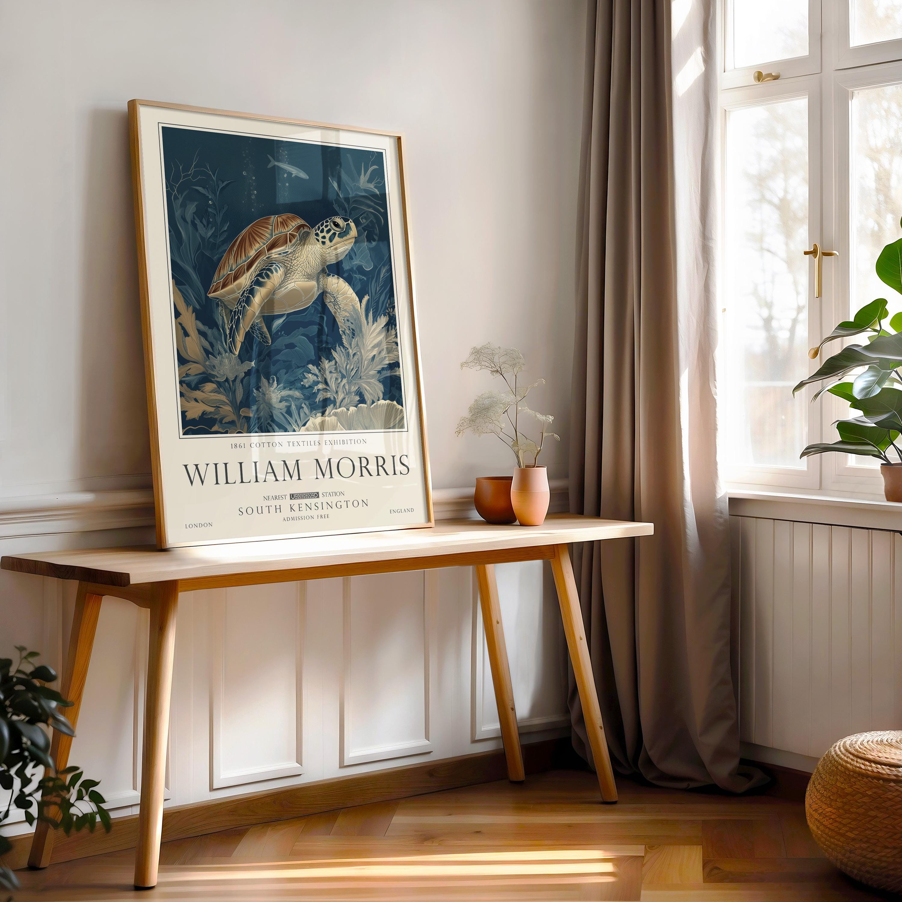 Nautical Turtle Print, William Morris Inspired Bathroom Wall Art, Vintage Ocean Decor, UNFRAMED