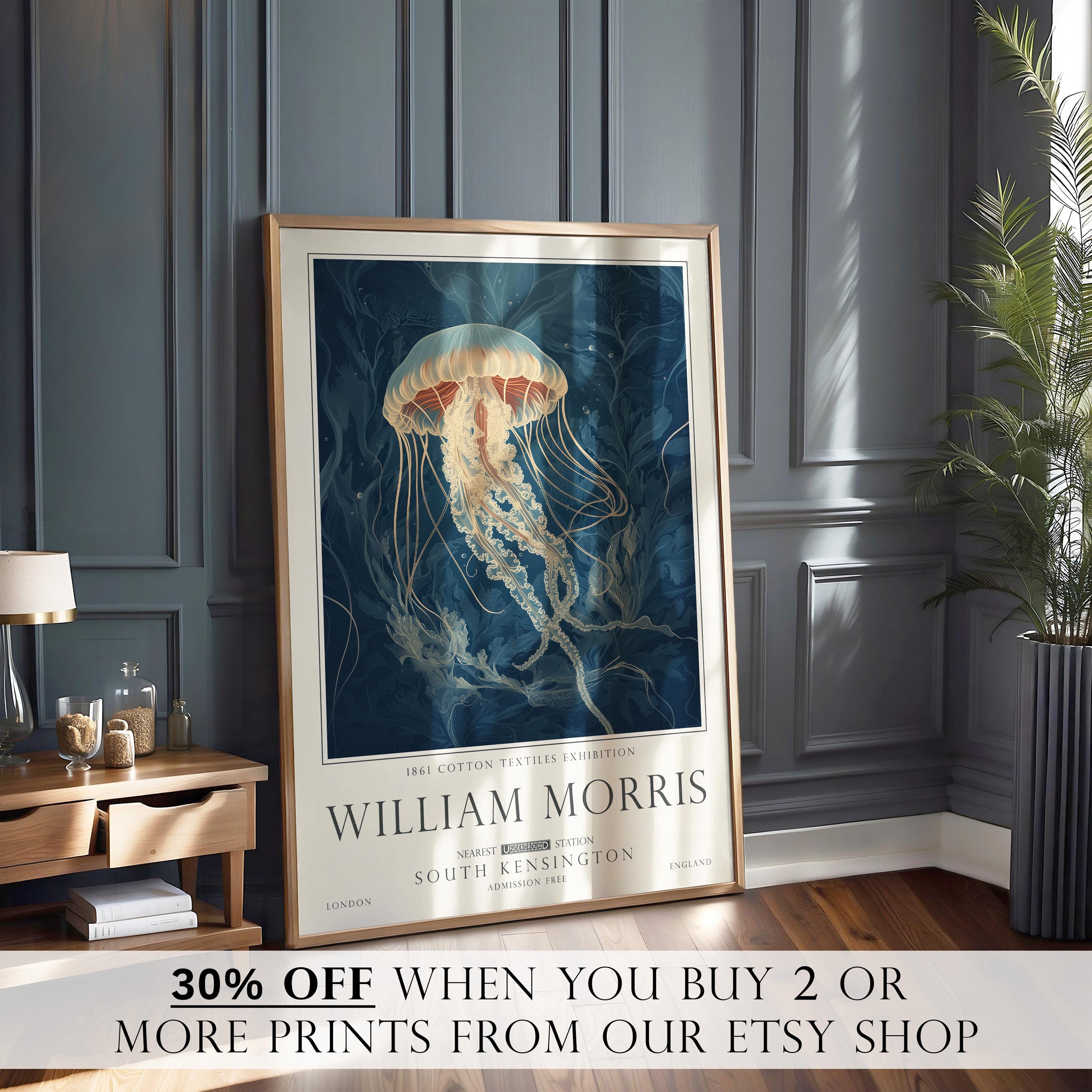 Nautical Jellyfish Print, William Morris Inspired Bathroom Wall Art, Vintage Ocean Decor, UNFRAMED