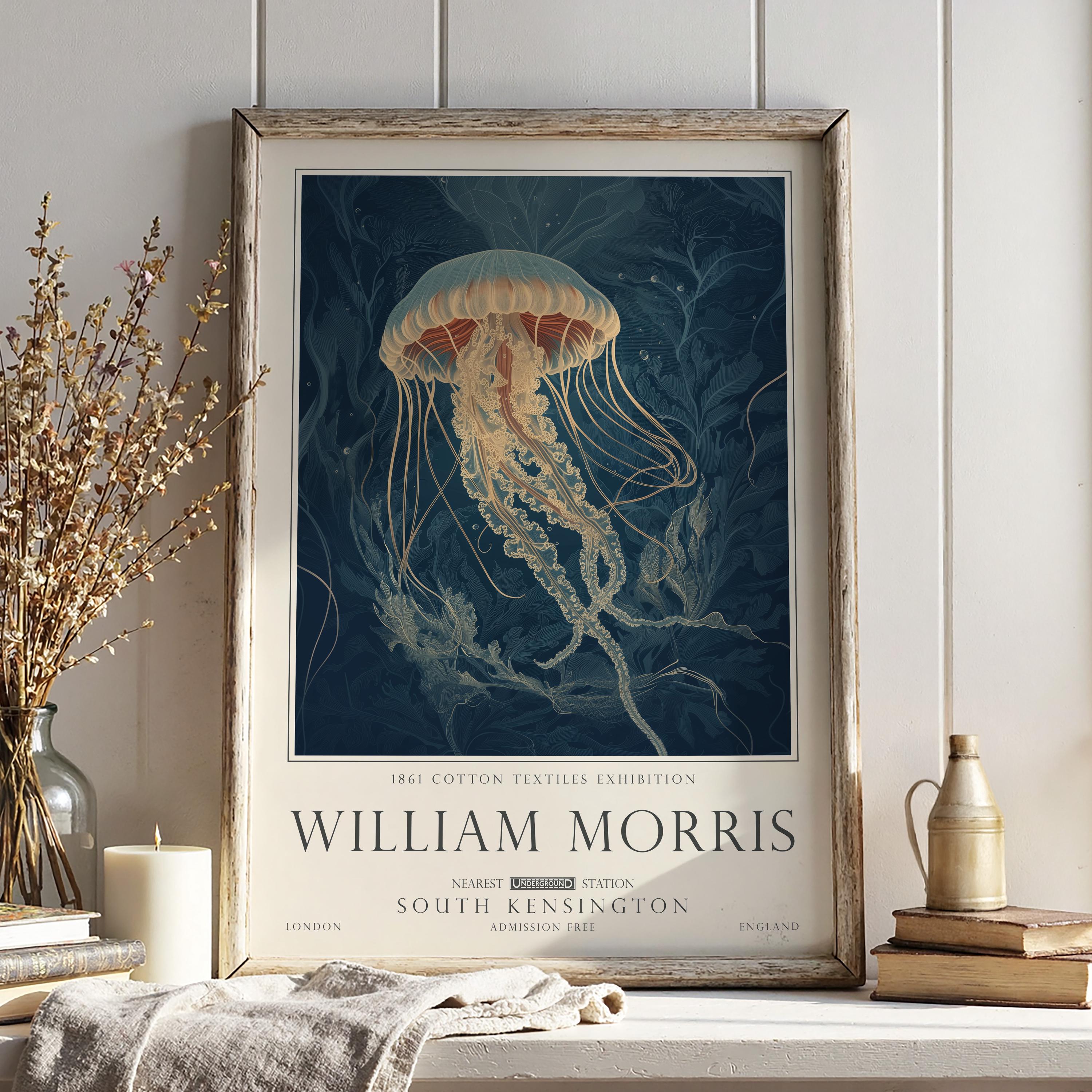 Nautical Jellyfish Print, William Morris Inspired Bathroom Wall Art, Vintage Ocean Decor, UNFRAMED