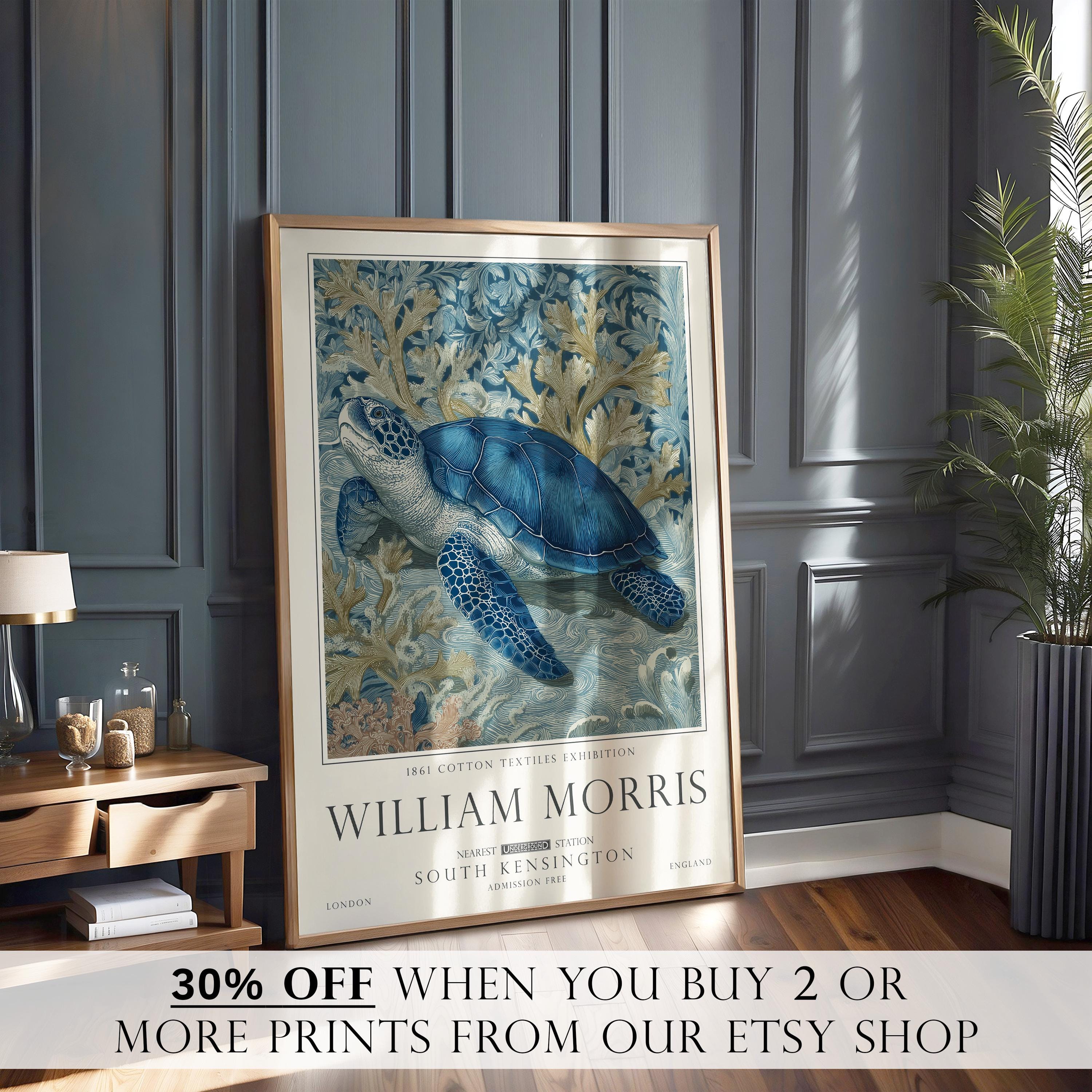 Nautical Turtle Print, William Morris Inspired Bathroom Wall Art, Vintage Ocean Decor, UNFRAMED