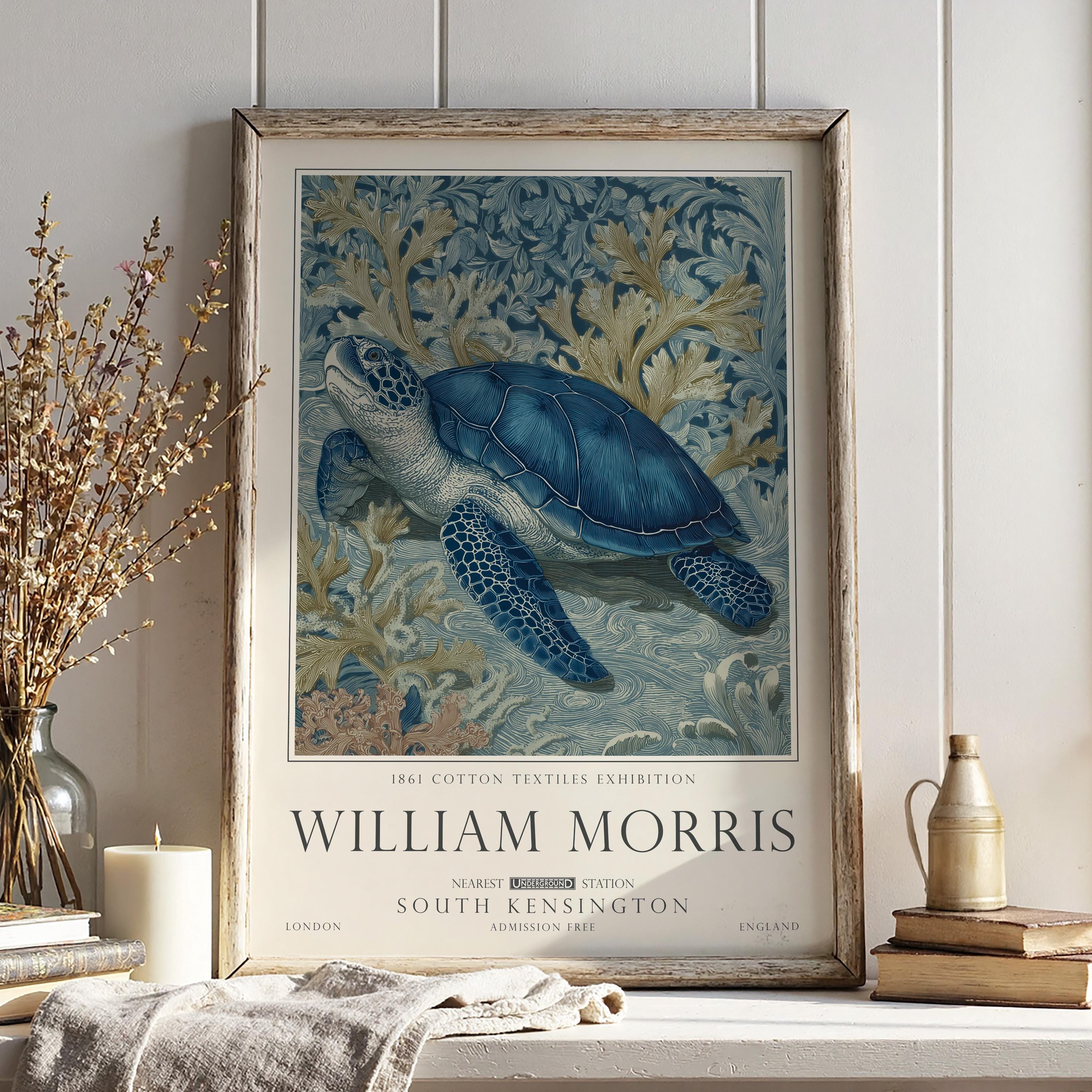 Nautical Turtle Print, William Morris Inspired Bathroom Wall Art, Vintage Ocean Decor, UNFRAMED