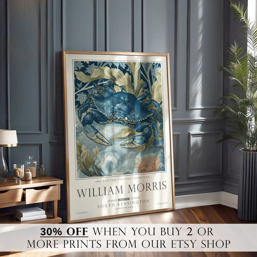 Nautical Crab Print, William Morris Ocean Wall Decor, Sea Life Decor, UNFRAMED