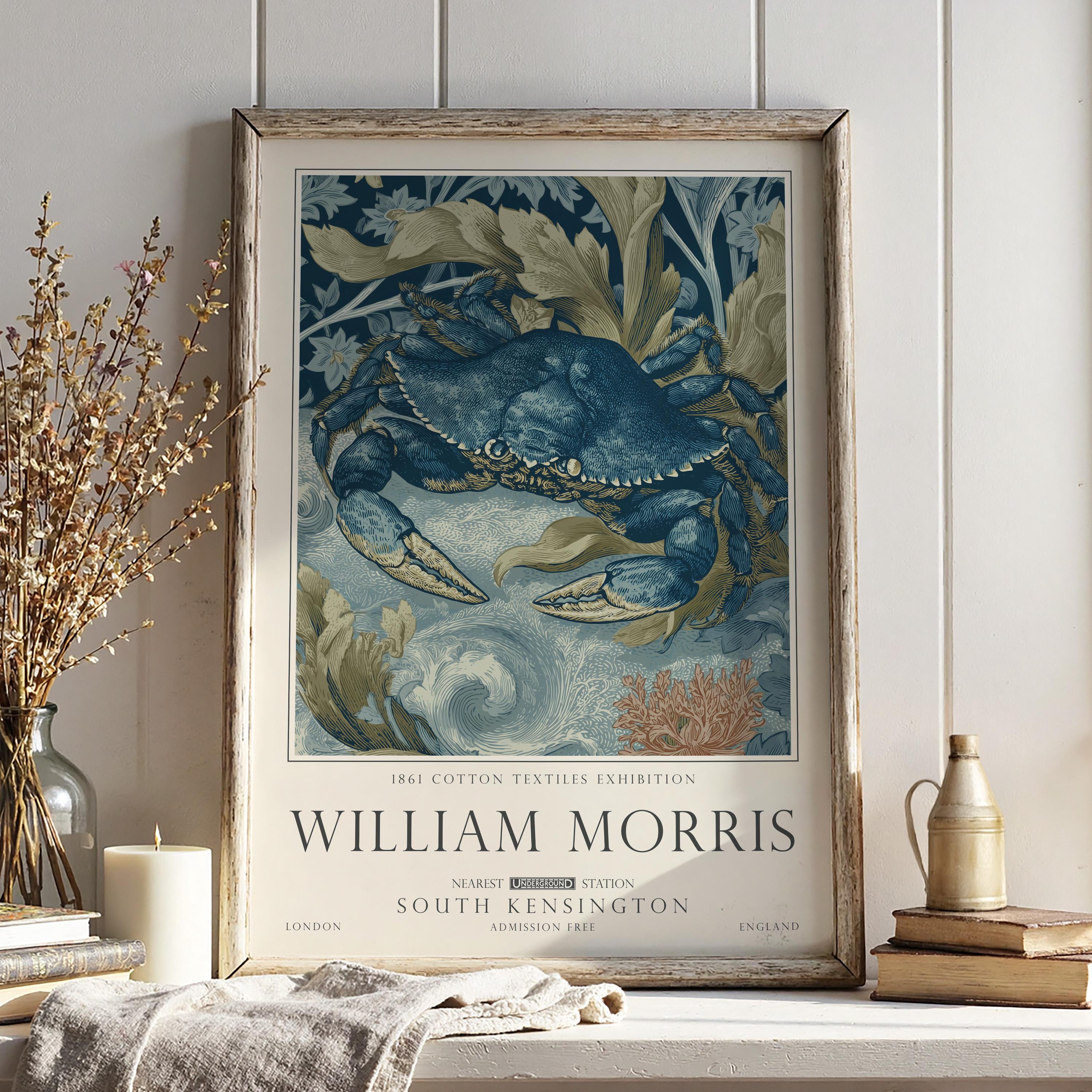 Nautical Crab Print, William Morris Ocean Wall Decor, Sea Life Decor, UNFRAMED