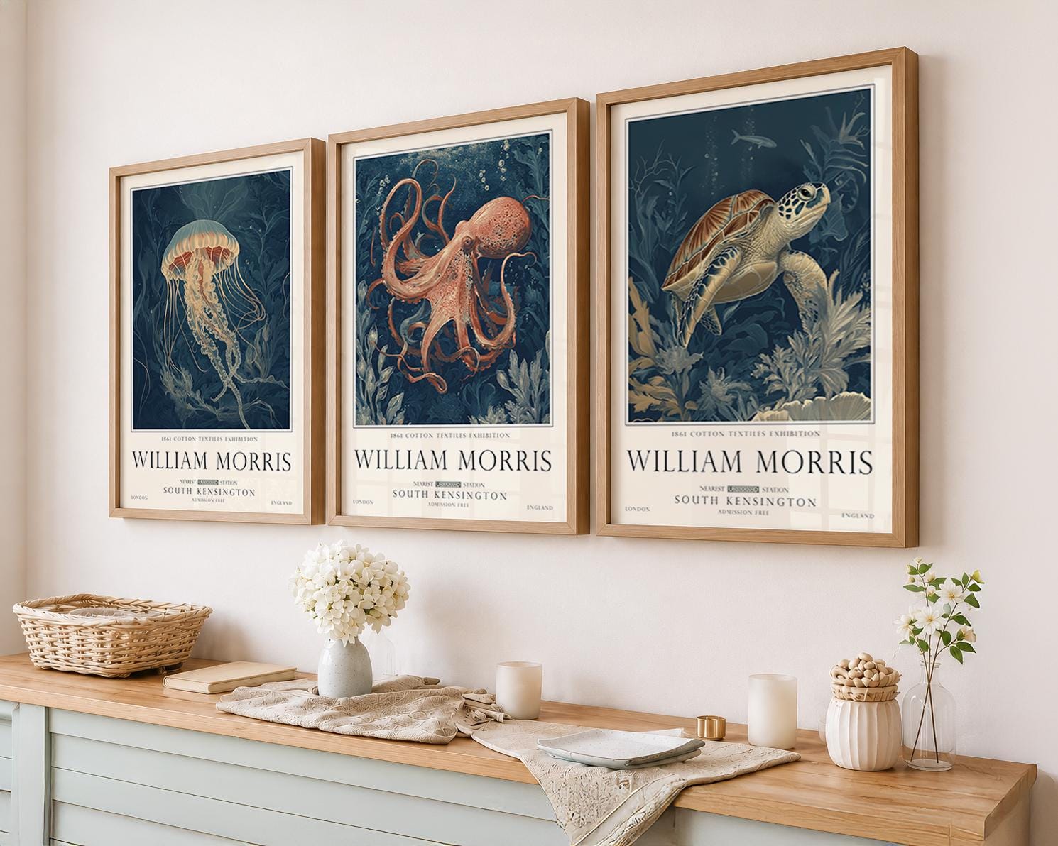 Set of 3 William Morris Prints, Ocean Animals and Sea Life Wall Art, UNFRAMED