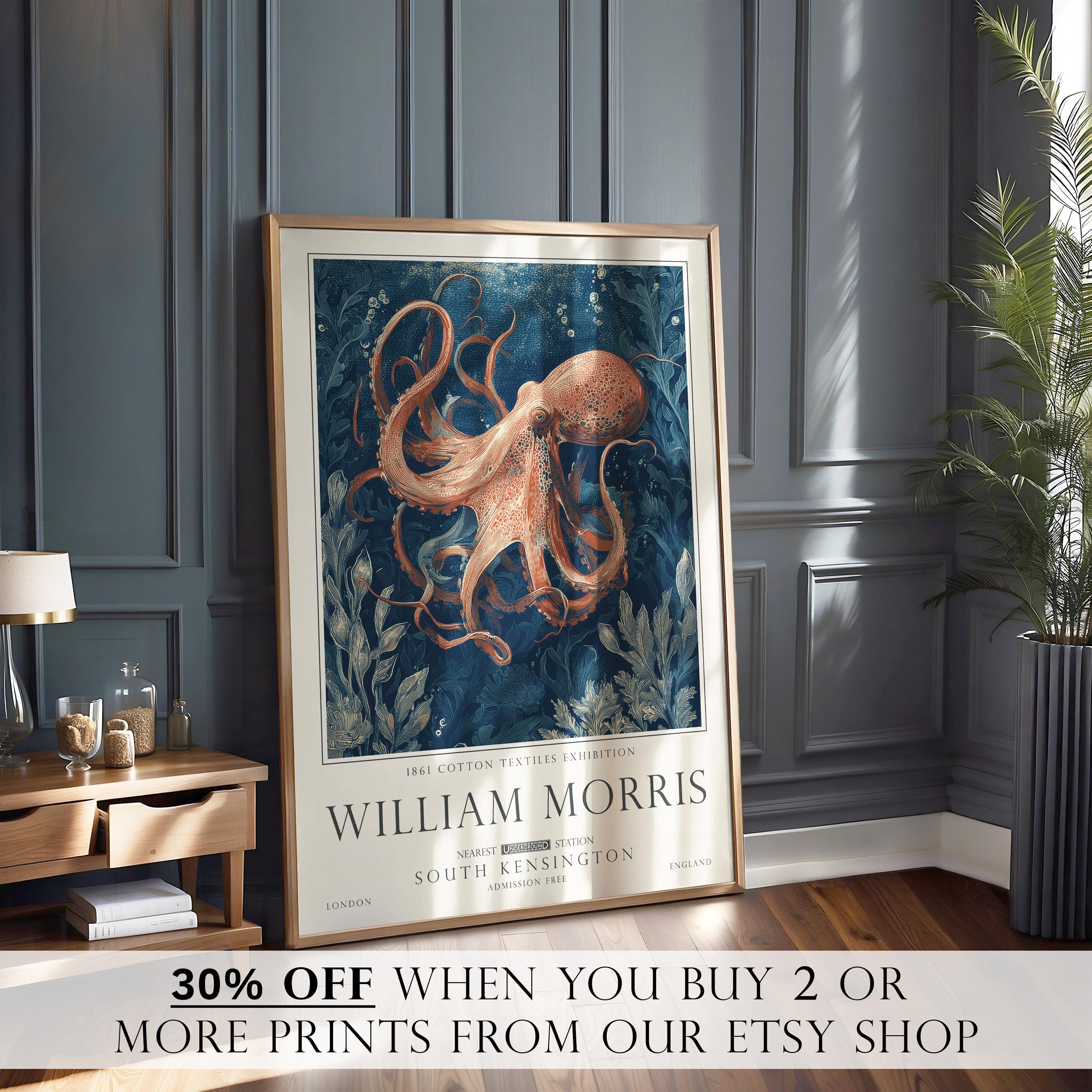 Nautical Octopus Print, William Morris Inspired Bathroom Wall Art, Vintage Ocean Decor, UNFRAMED