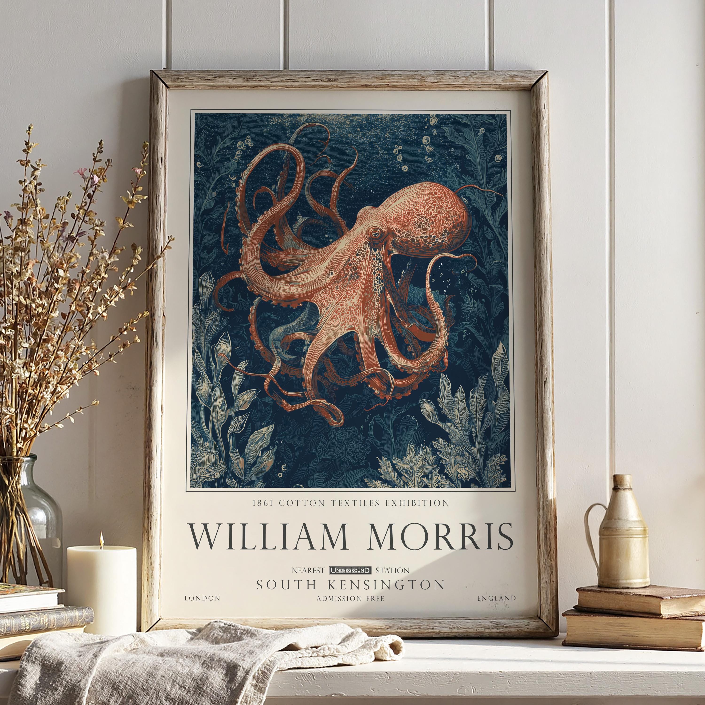 Nautical Octopus Print, William Morris Inspired Bathroom Wall Art, Vintage Ocean Decor, UNFRAMED