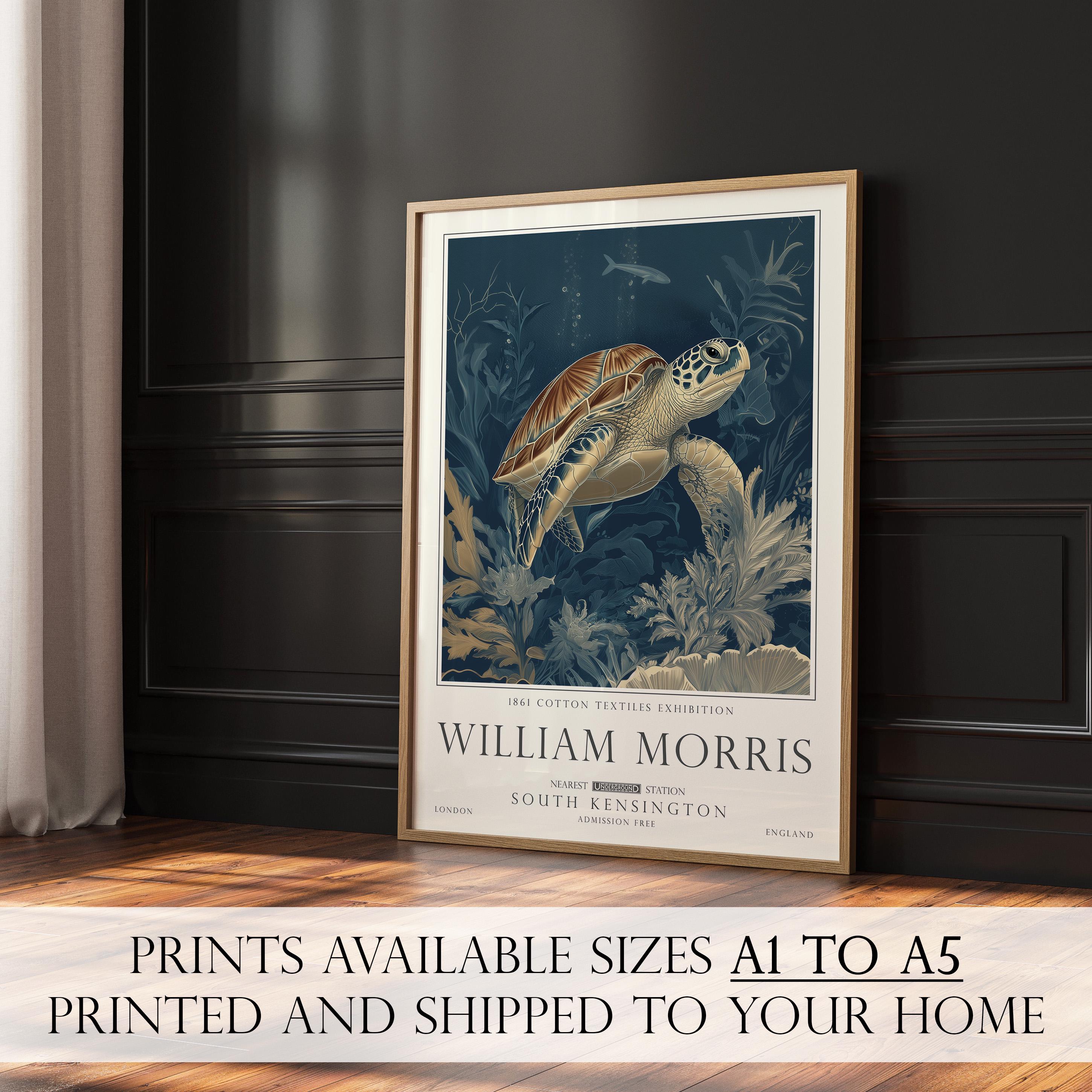 Nautical Turtle Print, William Morris Inspired Bathroom Wall Art, Vintage Ocean Decor, UNFRAMED