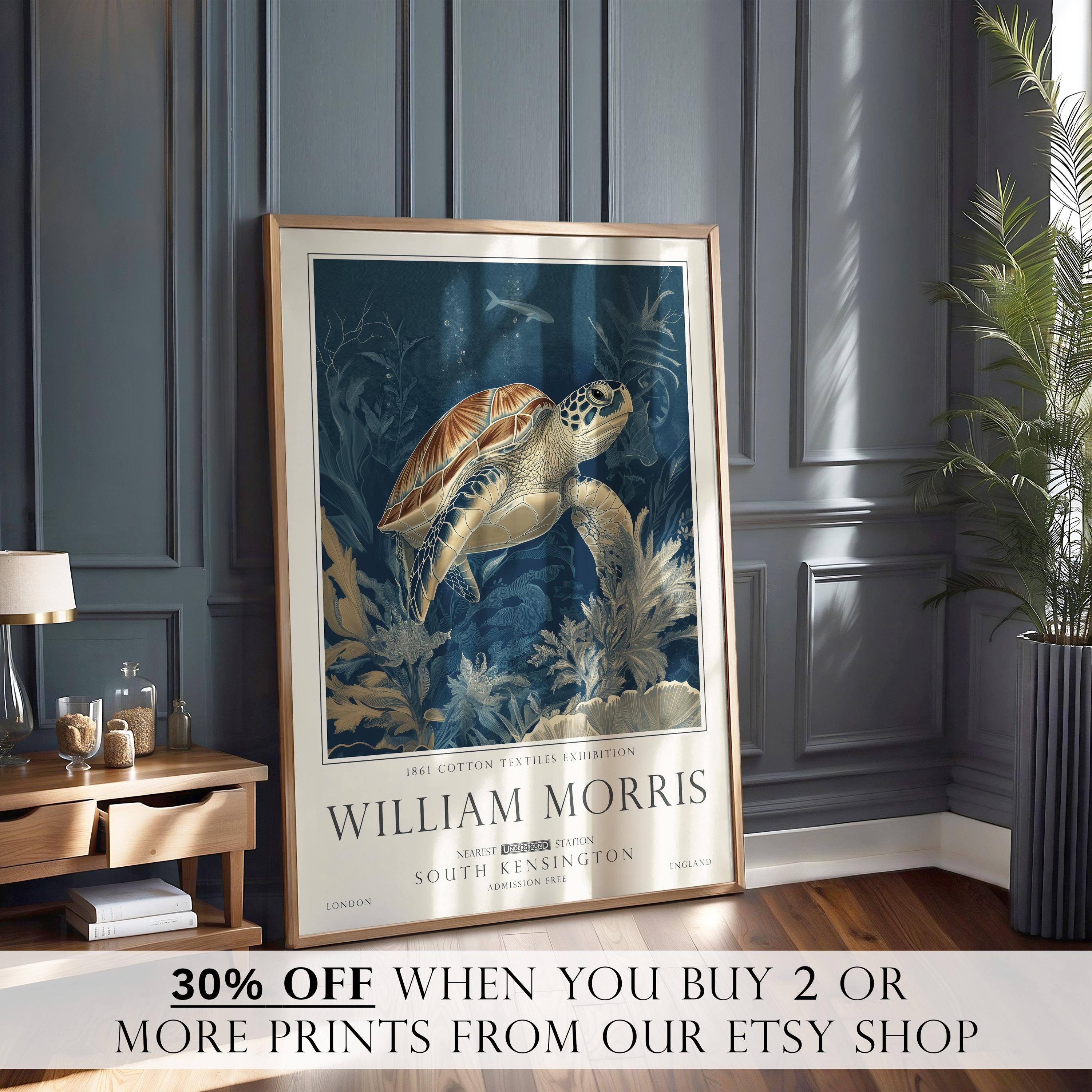 Nautical Turtle Print, William Morris Inspired Bathroom Wall Art, Vintage Ocean Decor, UNFRAMED
