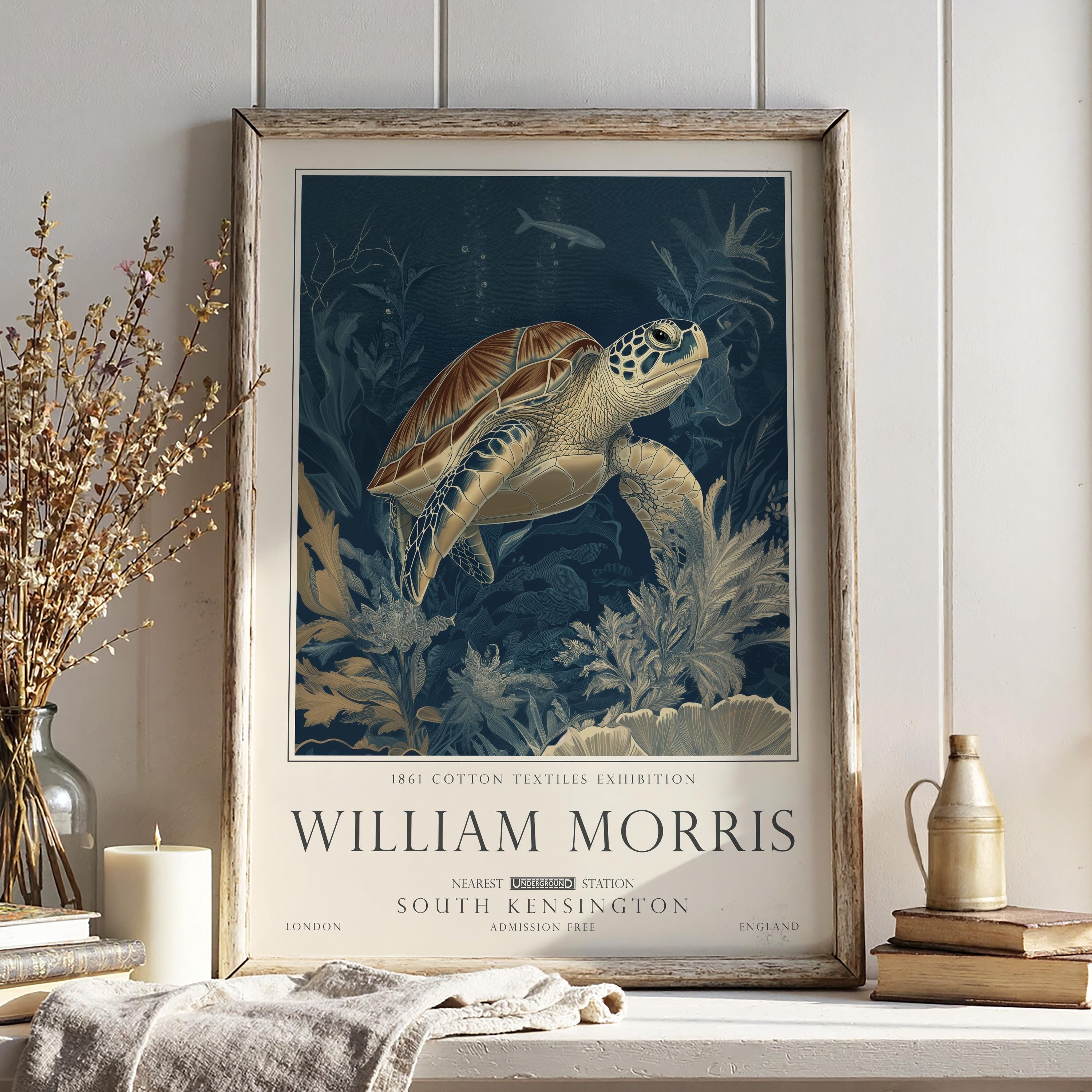 Nautical Turtle Print, William Morris Inspired Bathroom Wall Art, Vintage Ocean Decor, UNFRAMED