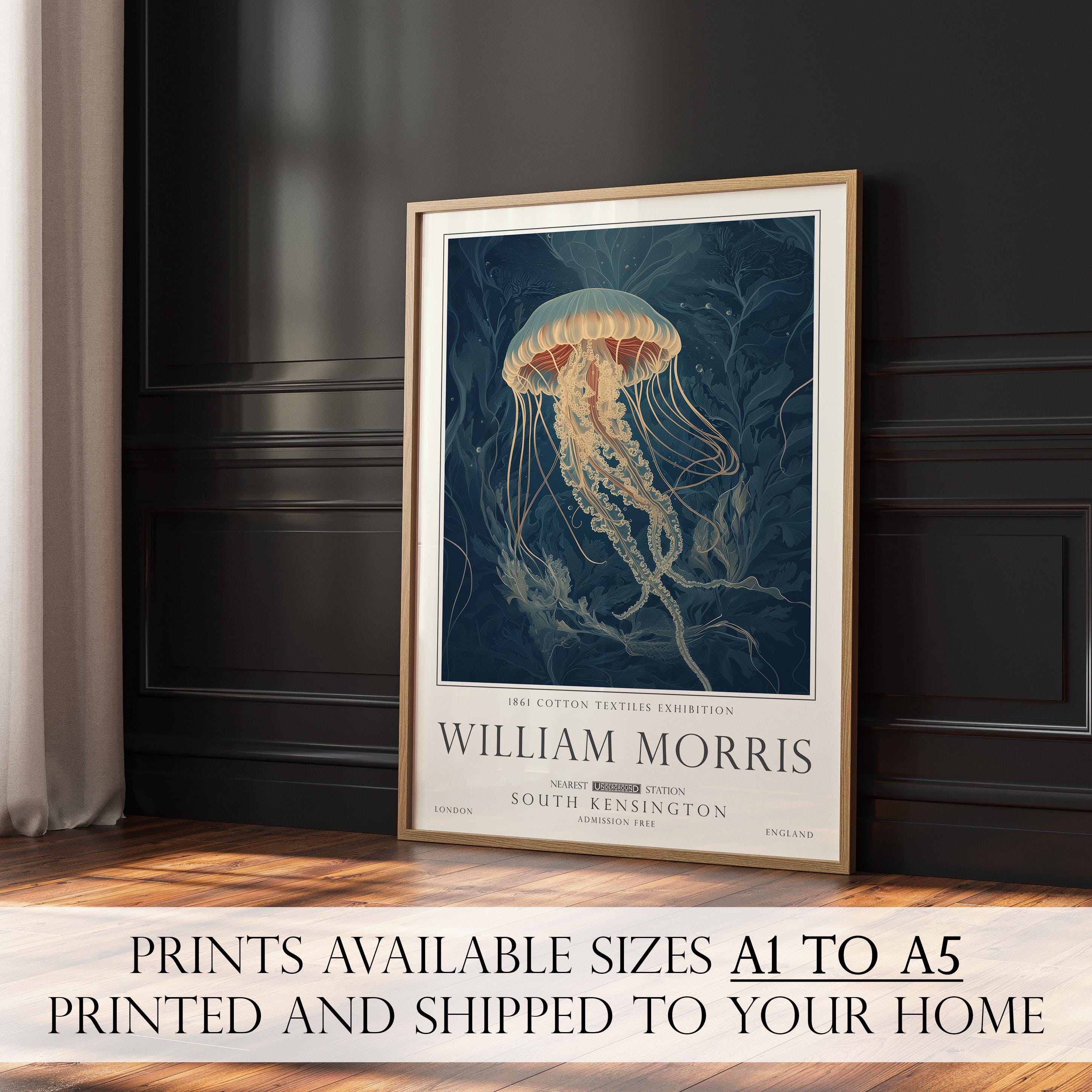 Nautical Jellyfish Print, William Morris Inspired Bathroom Wall Art, Vintage Ocean Decor, UNFRAMED