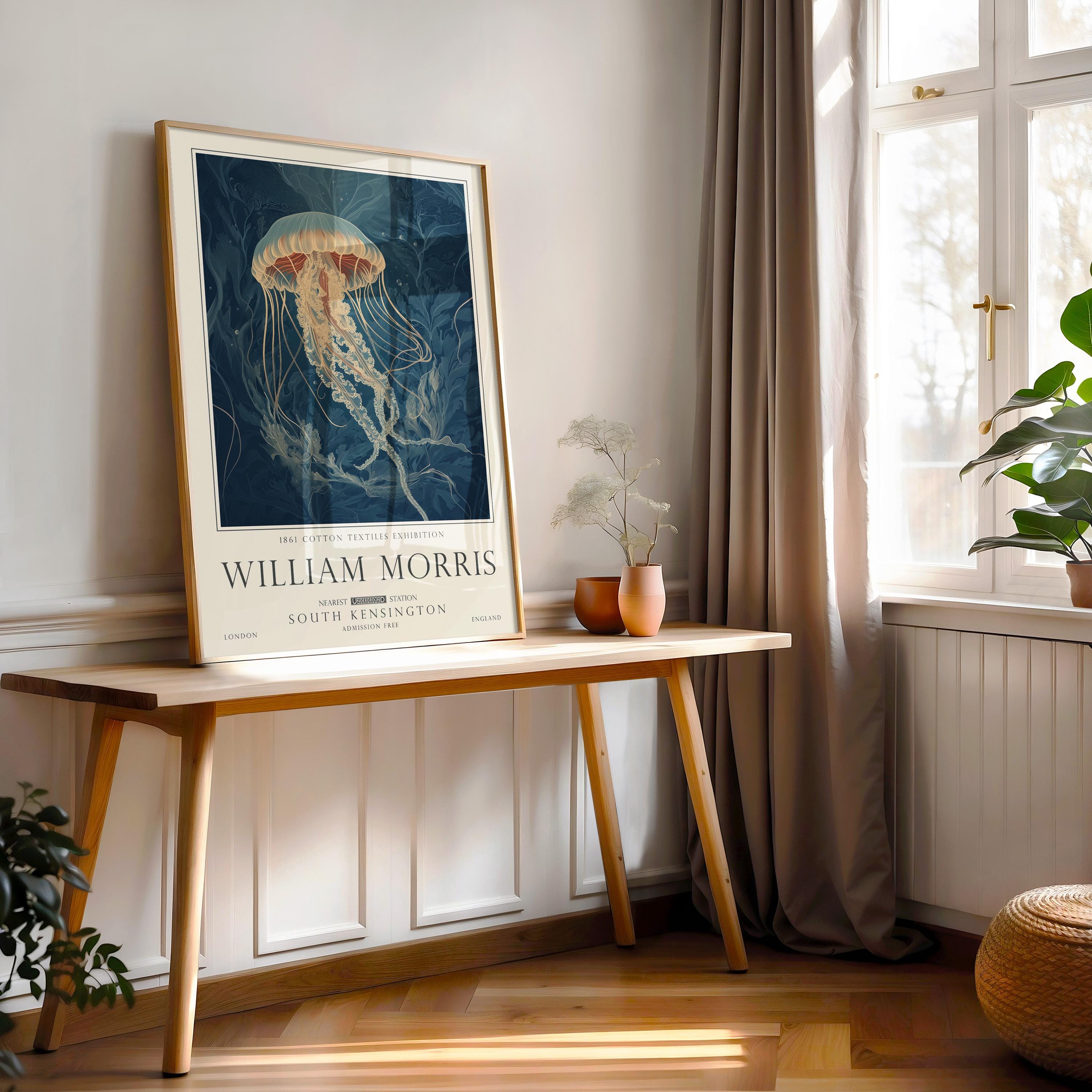 Nautical Jellyfish Print, William Morris Inspired Bathroom Wall Art, Vintage Ocean Decor, UNFRAMED