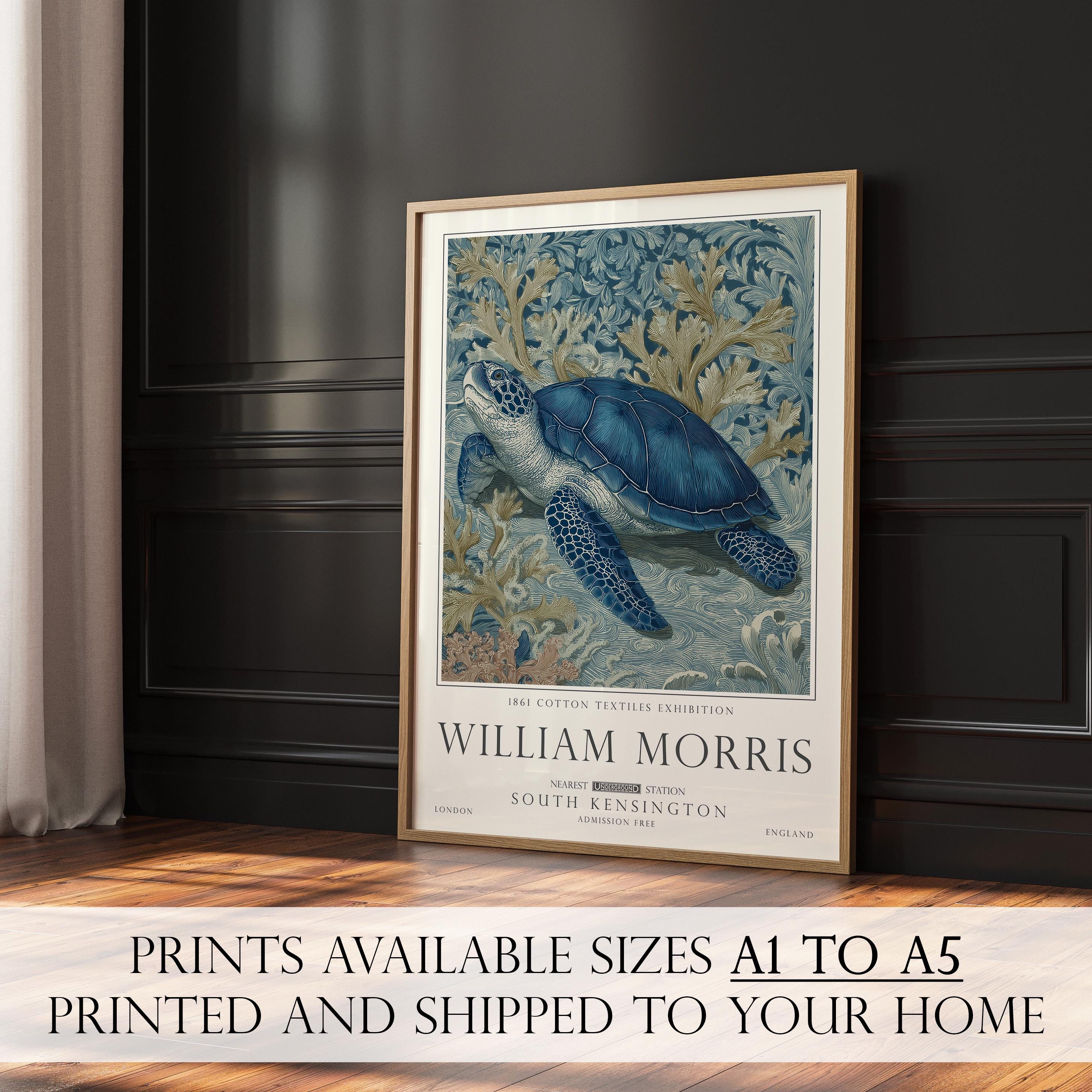 Nautical Turtle Print, William Morris Inspired Bathroom Wall Art, Vintage Ocean Decor, UNFRAMED