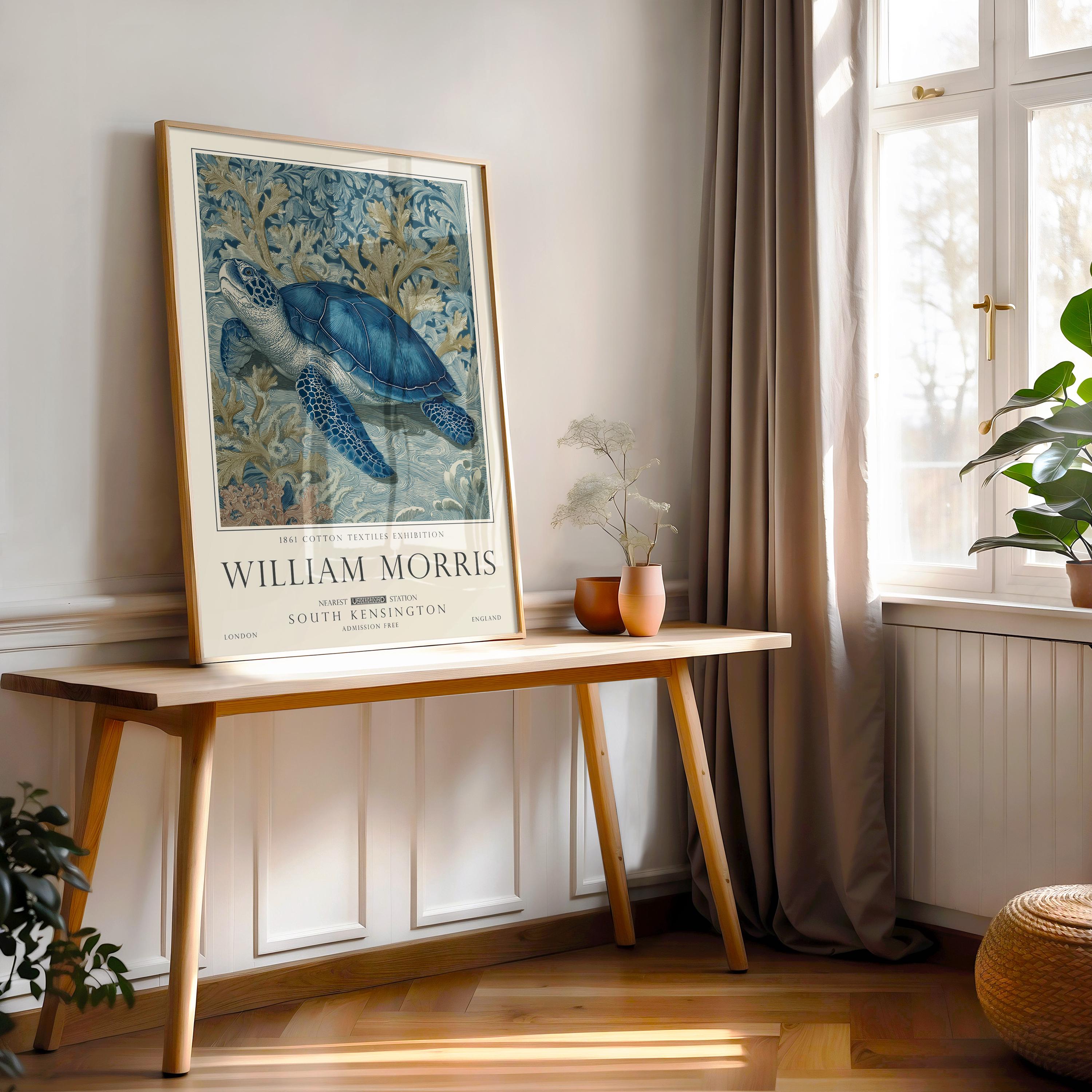 Nautical Turtle Print, William Morris Inspired Bathroom Wall Art, Vintage Ocean Decor, UNFRAMED