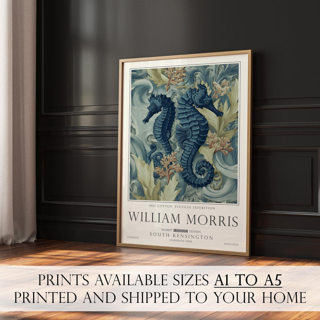 Ocean Seahorse Print, William Morris Bathroom Wall Decor, Sea Life Decor, UNFRAMED