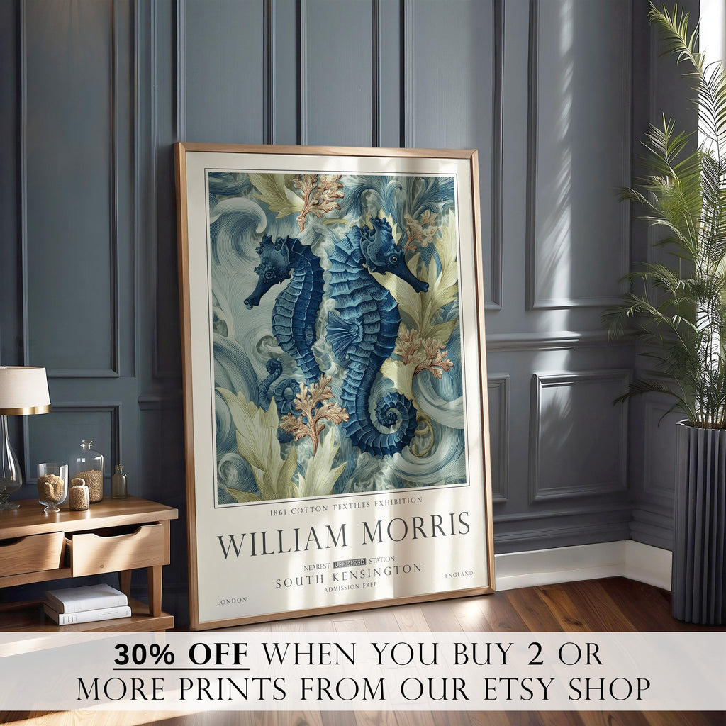 Ocean Seahorse Print, William Morris Bathroom Wall Decor, Sea Life Decor, UNFRAMED