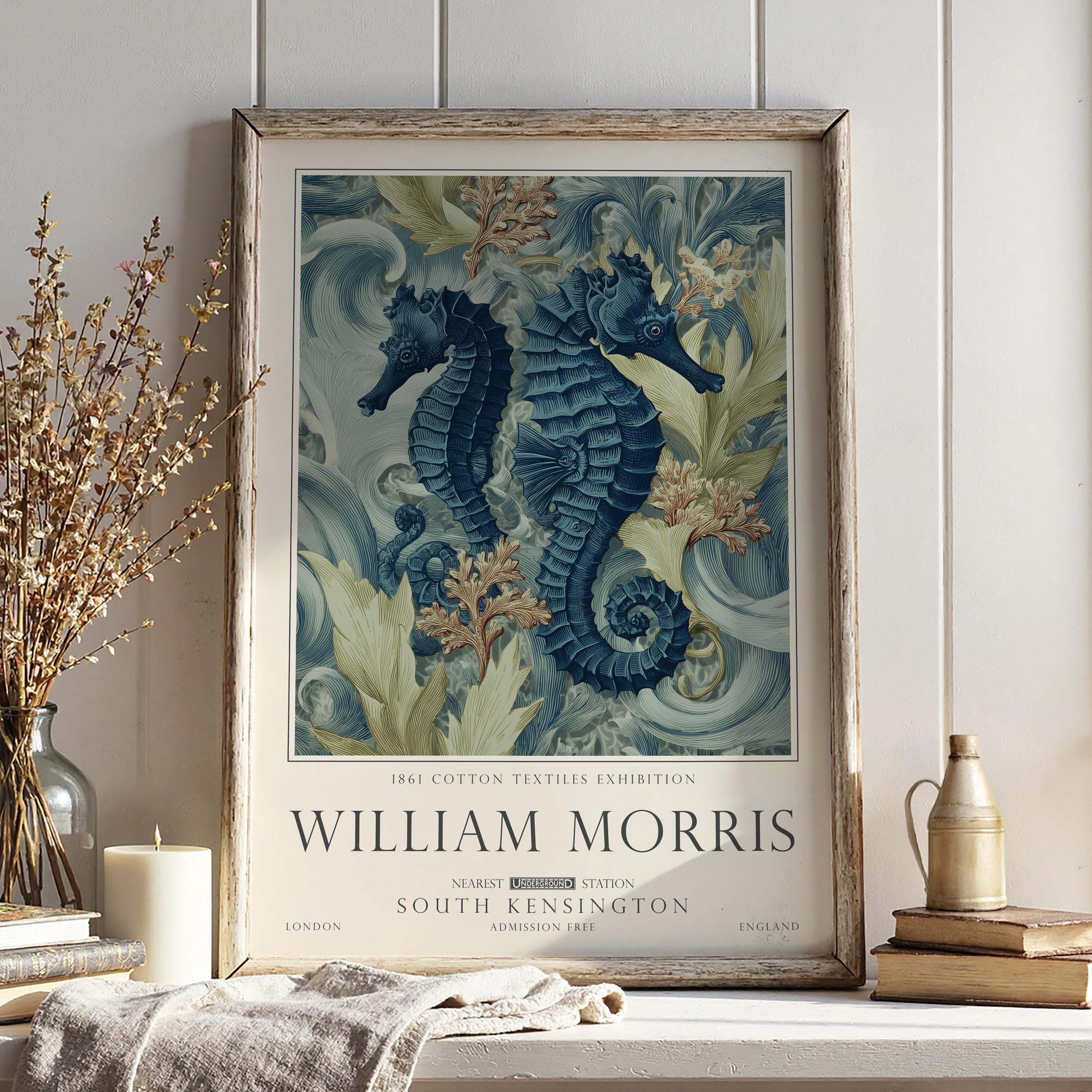 Ocean Seahorse Print, William Morris Bathroom Wall Decor, Sea Life Decor, UNFRAMED